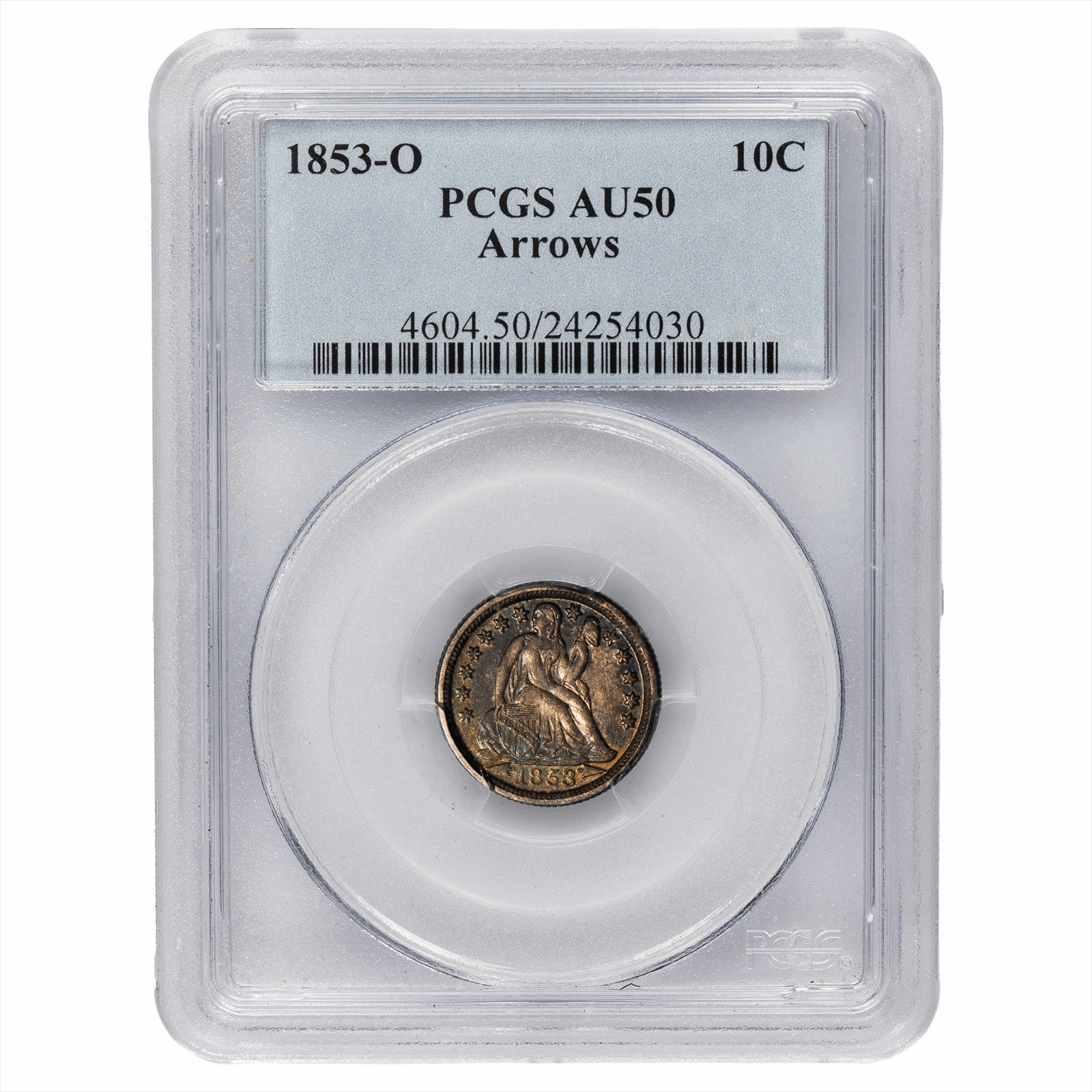 1853-O Arrows Seated Liberty Dime 10C PCGS AU 50