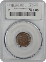 1919-S 1C Lincoln Cent - Type 1 Wheat Reverse PCGS BN #3602-13 MS63