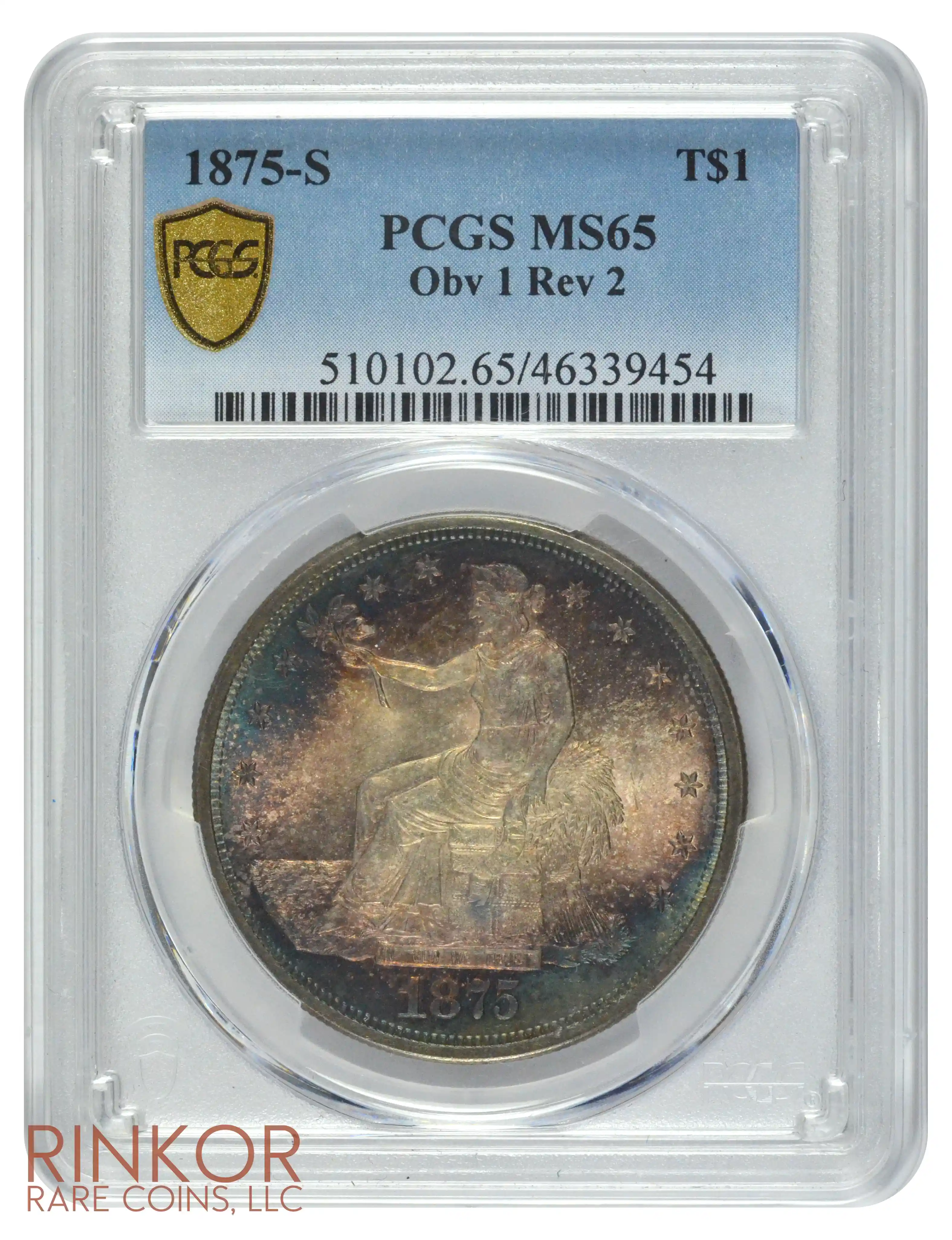 1875-S Trade Obv 1 Rev 2 PCGS MS 65