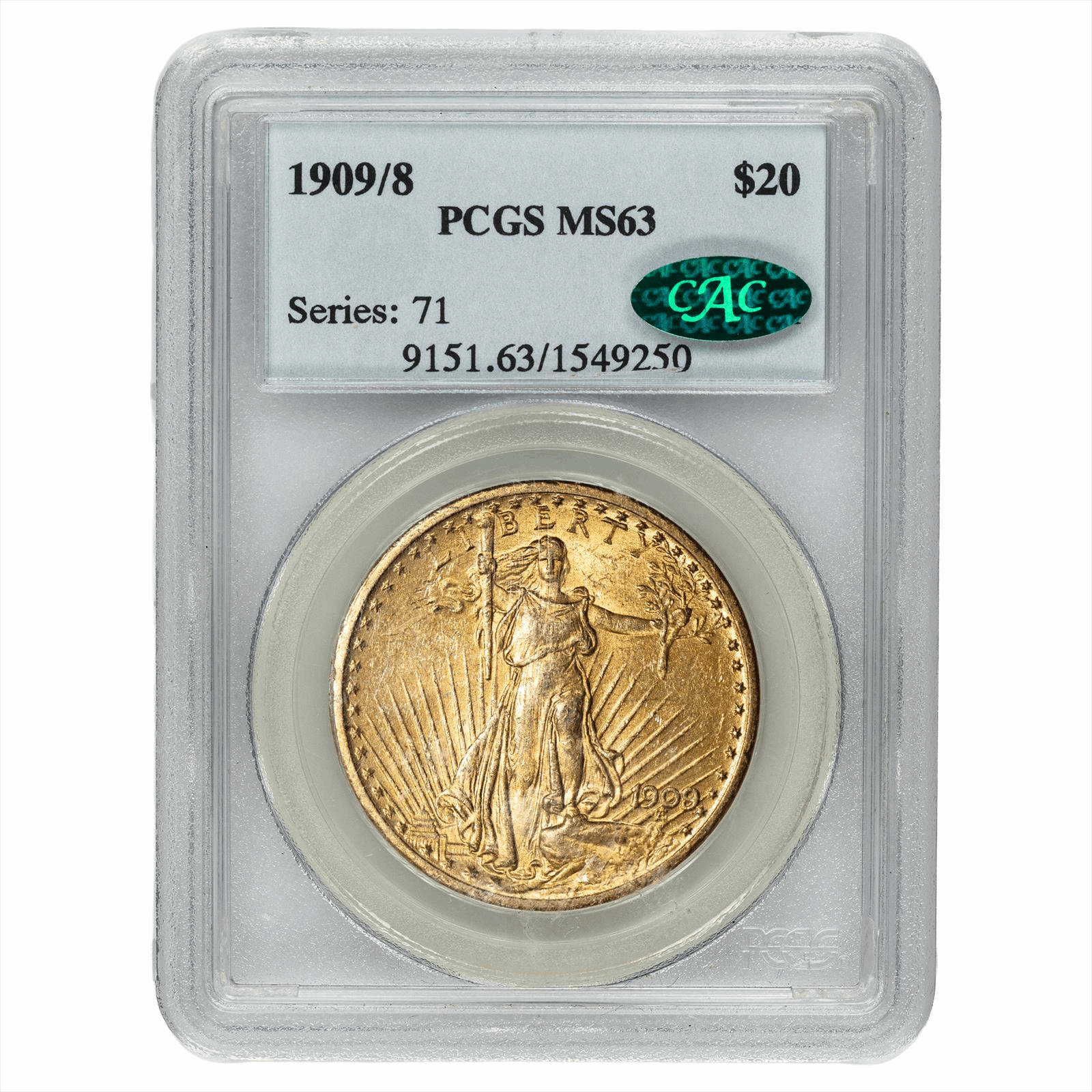 1909/8 St. Gaudens Gold Double Eagle $20 PCGS MS 63 CAC
