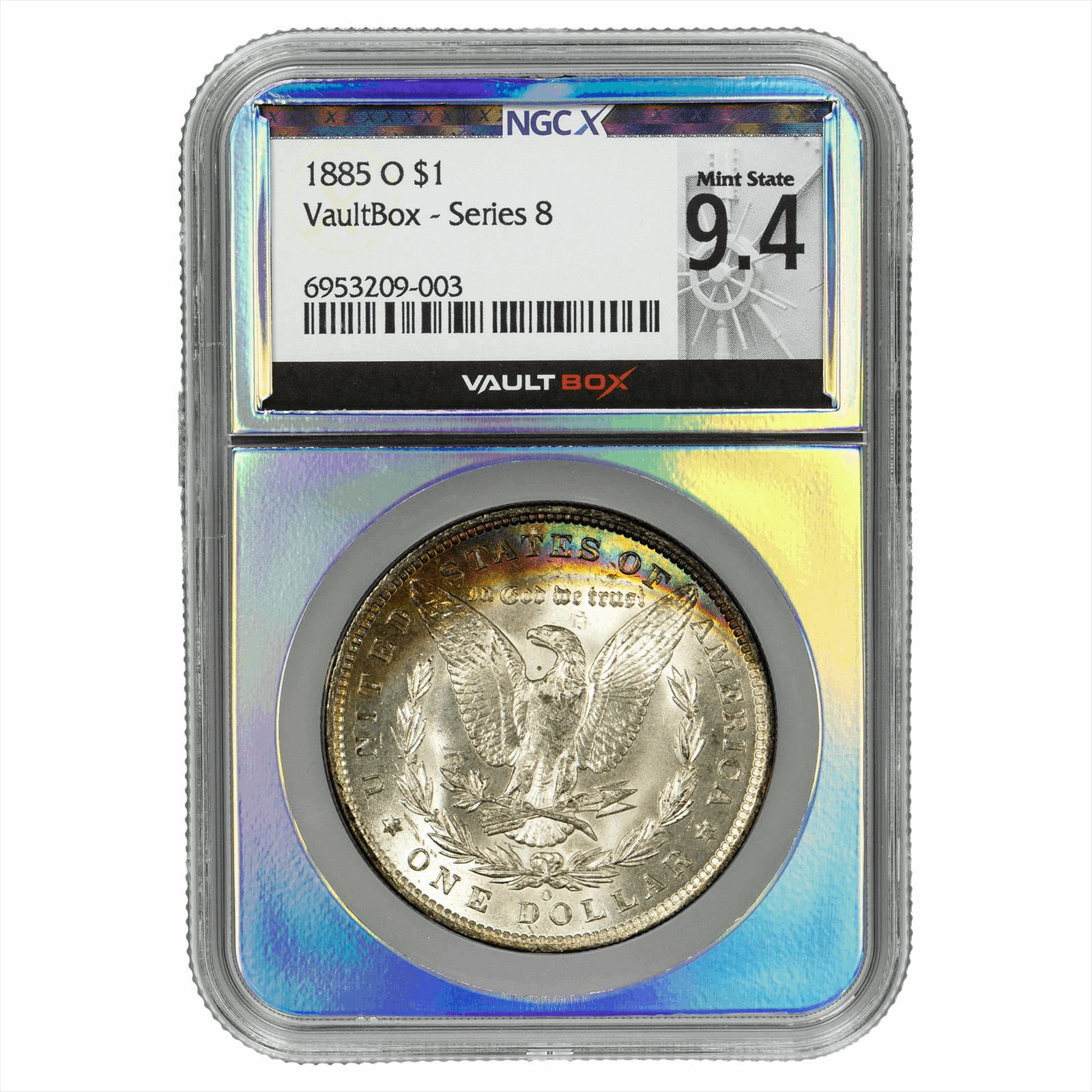1885-O Morgan Silver Dollar $1 NGCx Mint State 9.4 VaultBox Series 8 Toner Core