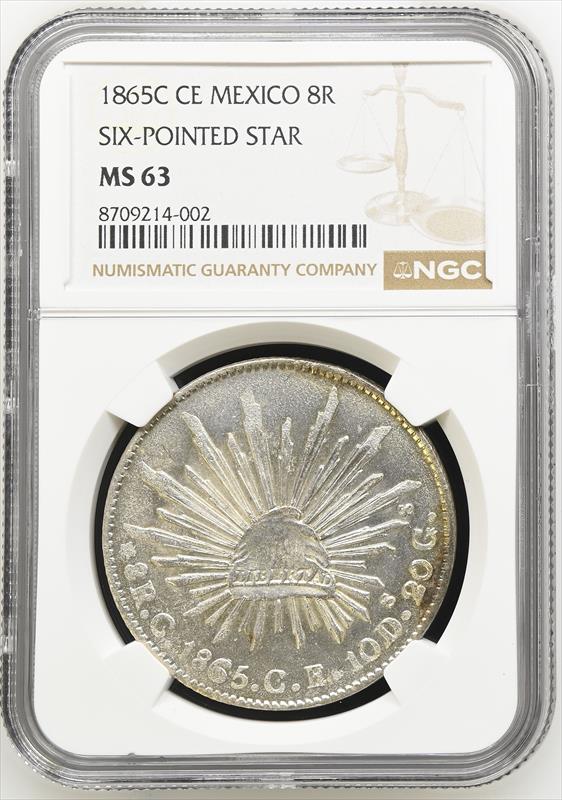 1865C CE Six-Pointed Star Mexico 8 Reales NGC MS 63