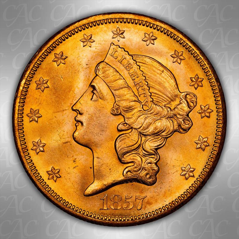 1857-S $20 CACG MS 65 