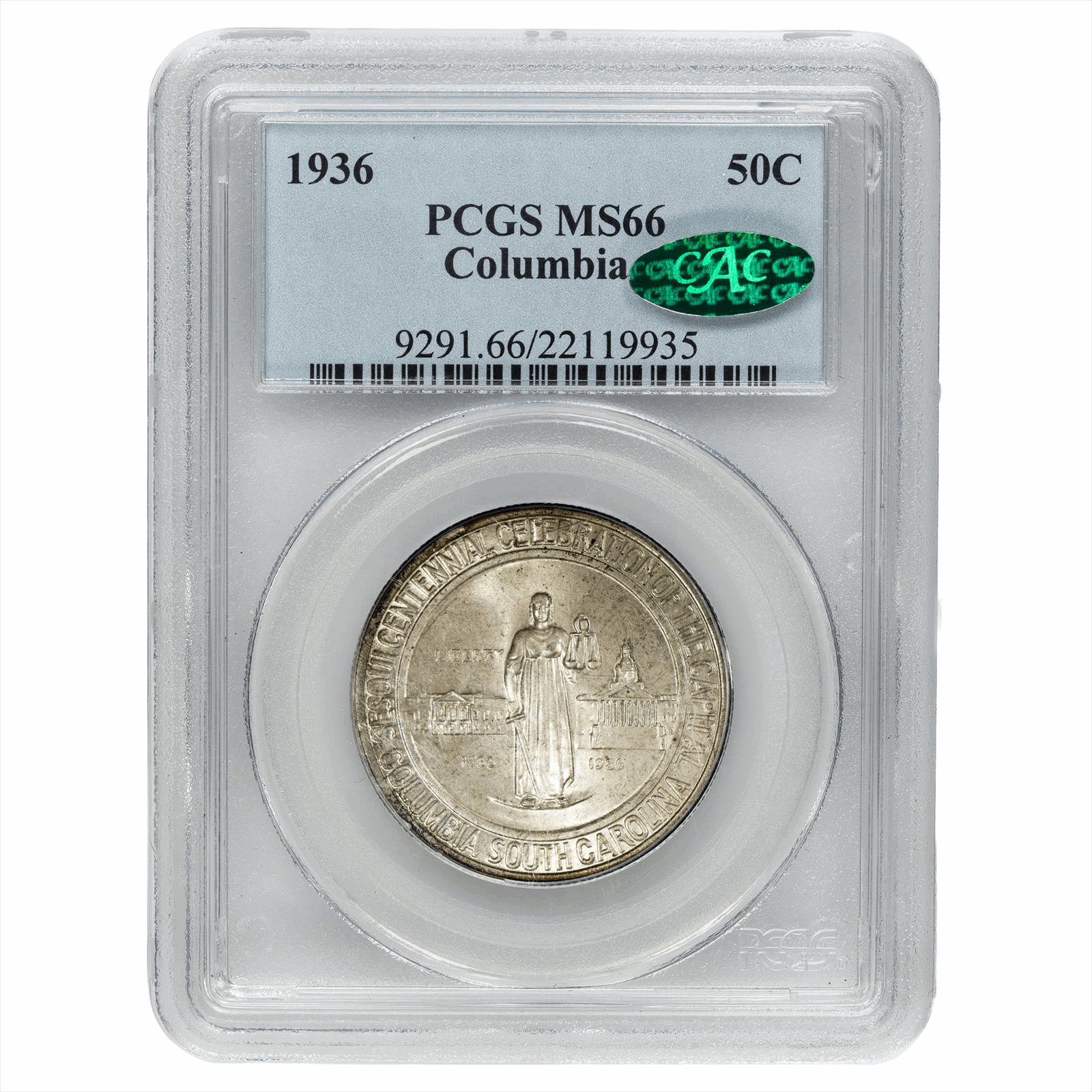 1936 Columbia Commemorative Half Dollar 50C PCGS MS 66 CAC