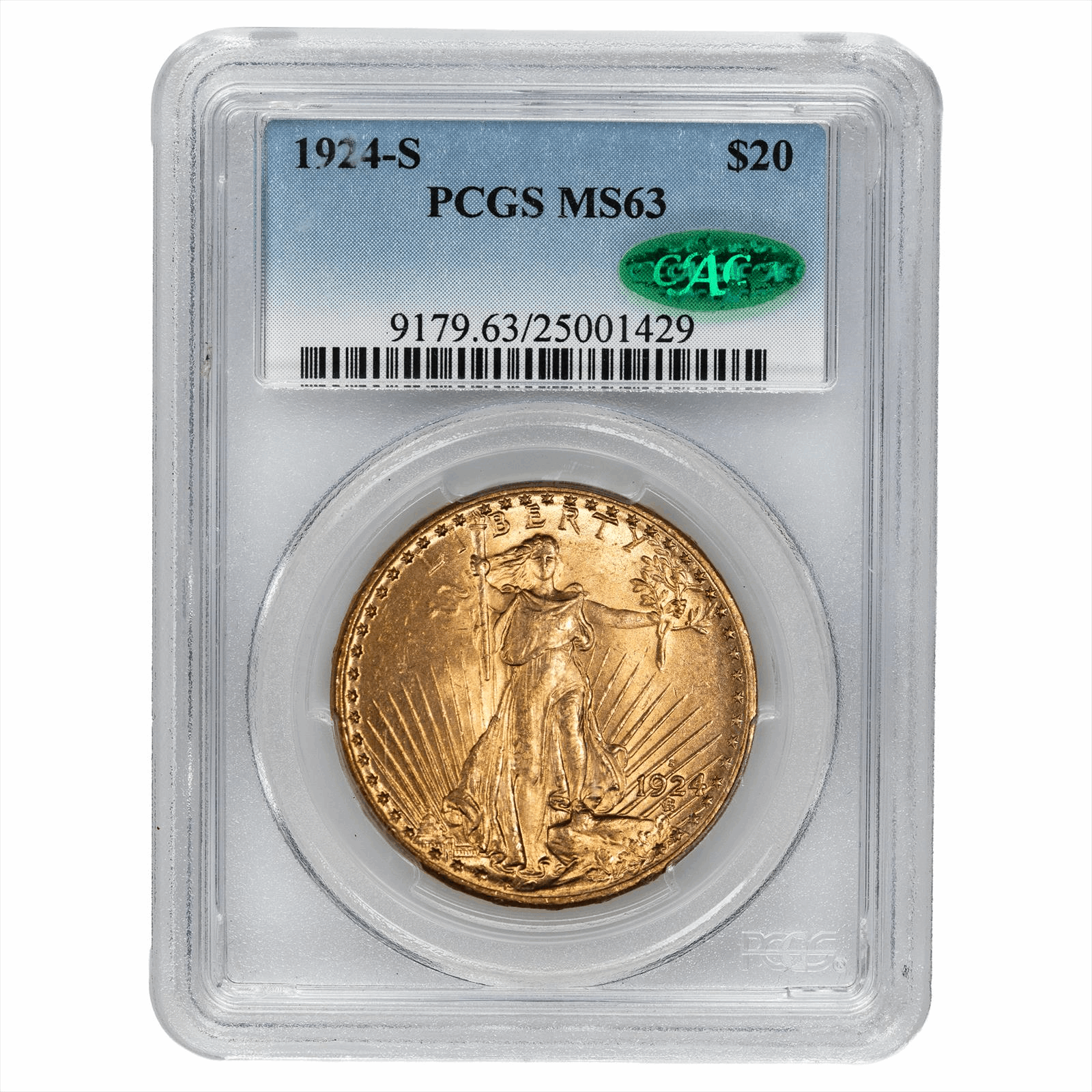 1924-S St. Gaudens Gold Double Eagle $20, PCGS MS 63 CAC - Semi Key Date