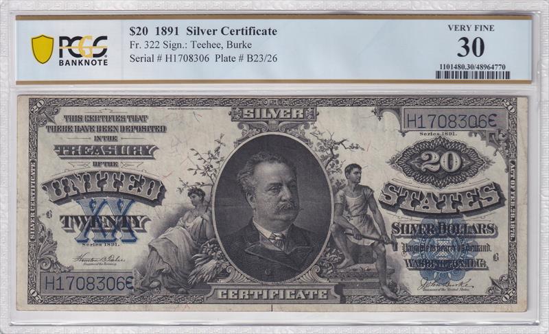 Fr. 322 1891 $20 Daniel Manning Silver Certificate PCGS VF30 