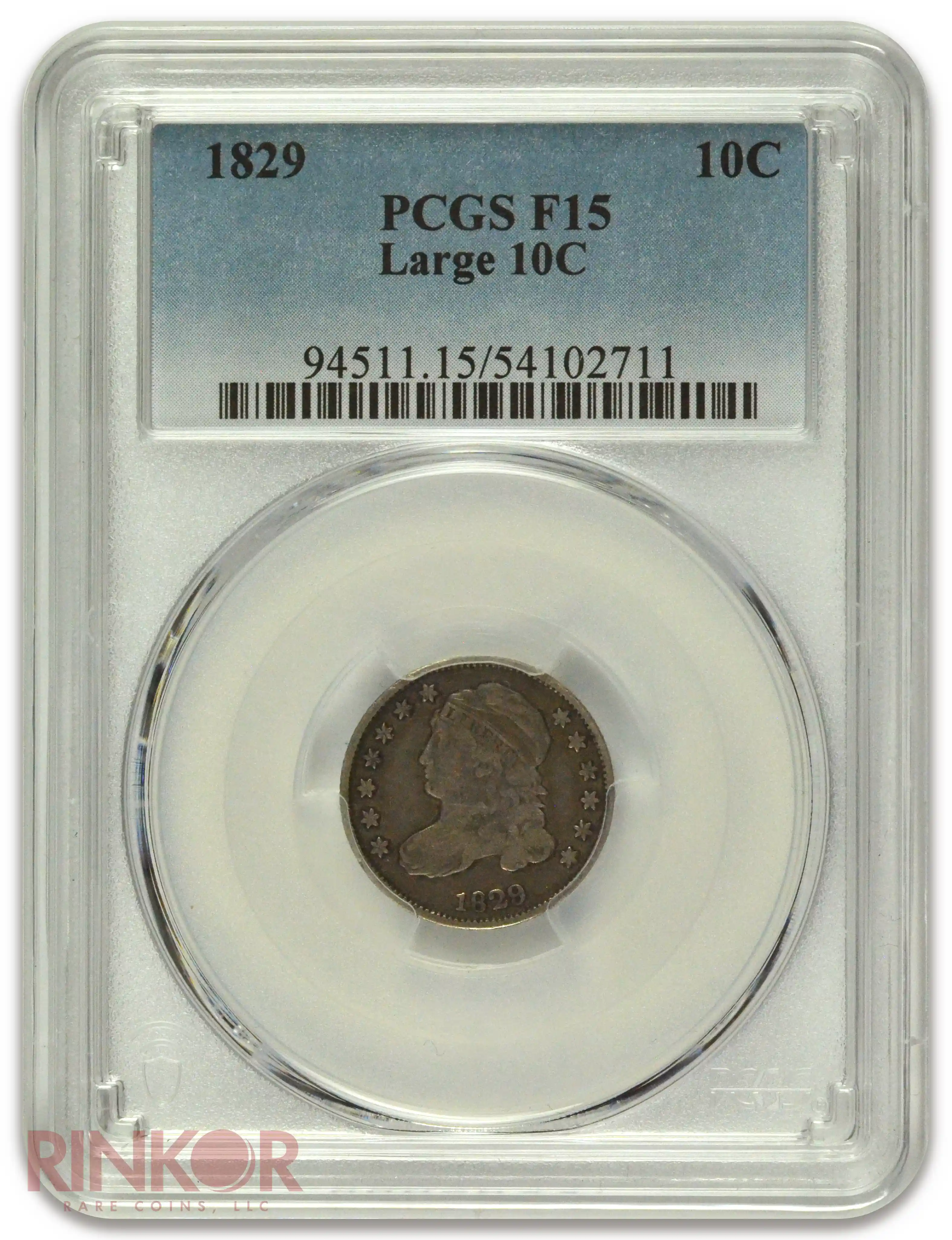 1829 Large 10C Capped Bust Dime PCGS F-15