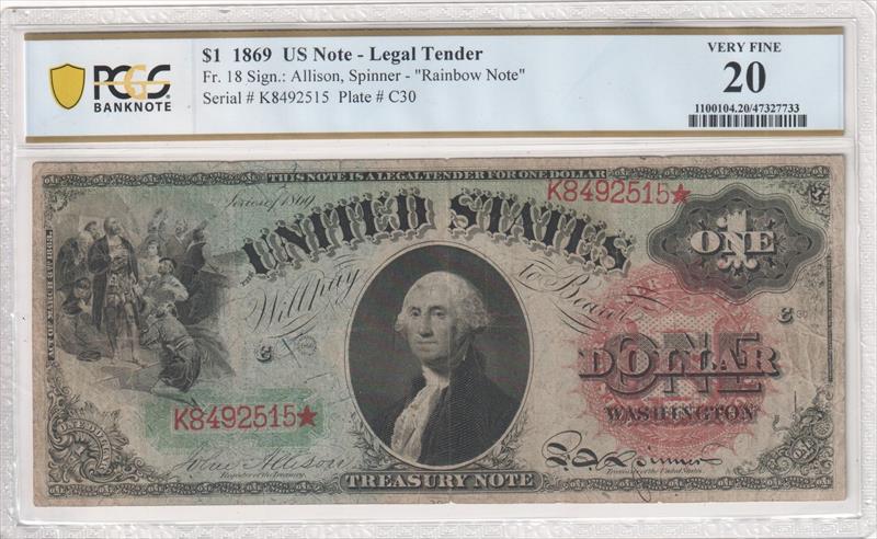 Fr. 18 1869 $1 Legal Tender Rainbow Note PCGS VF20 