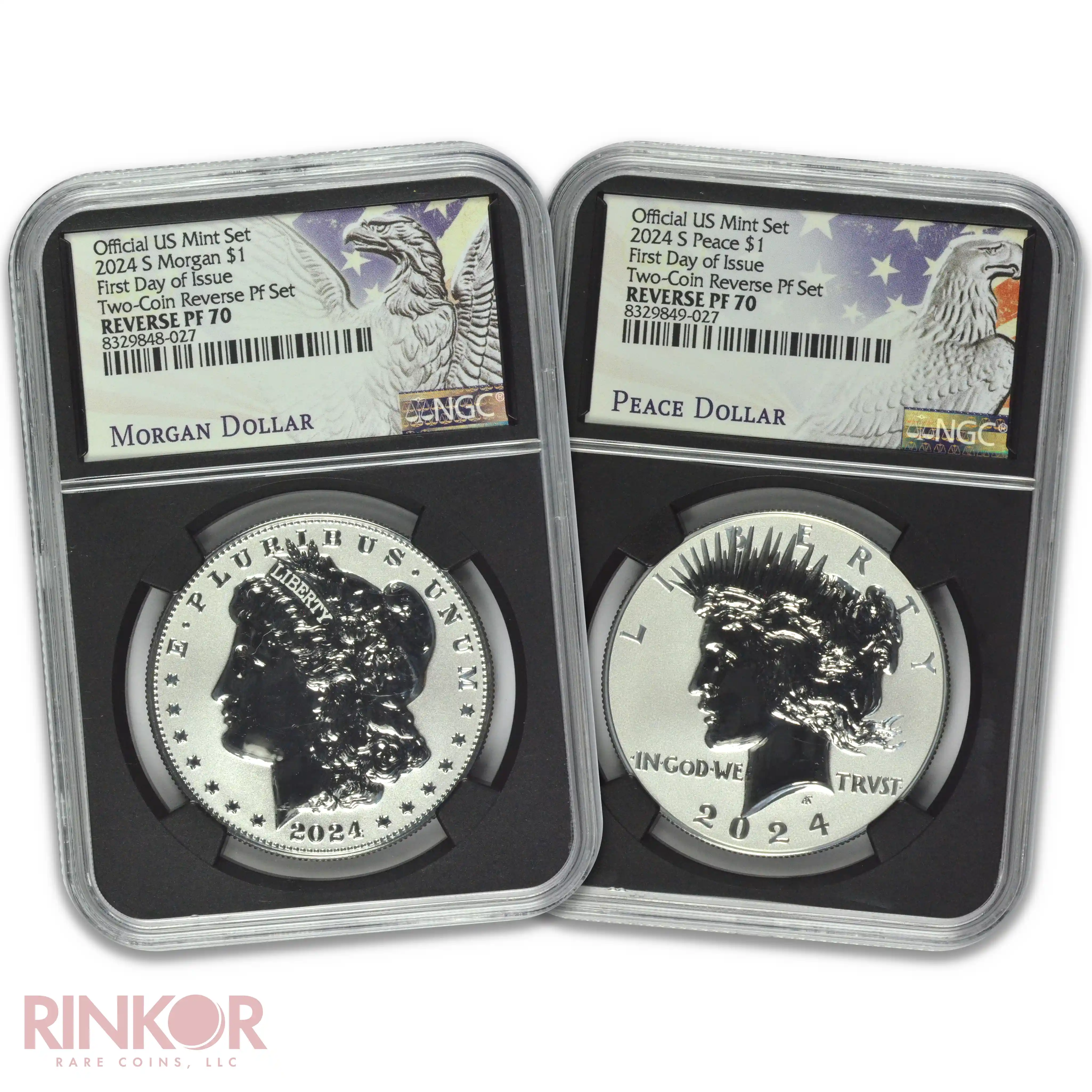 2024-S Reverse Proof 2-Coin Morgan and Peace Set FDOI $1 NGC PF 70