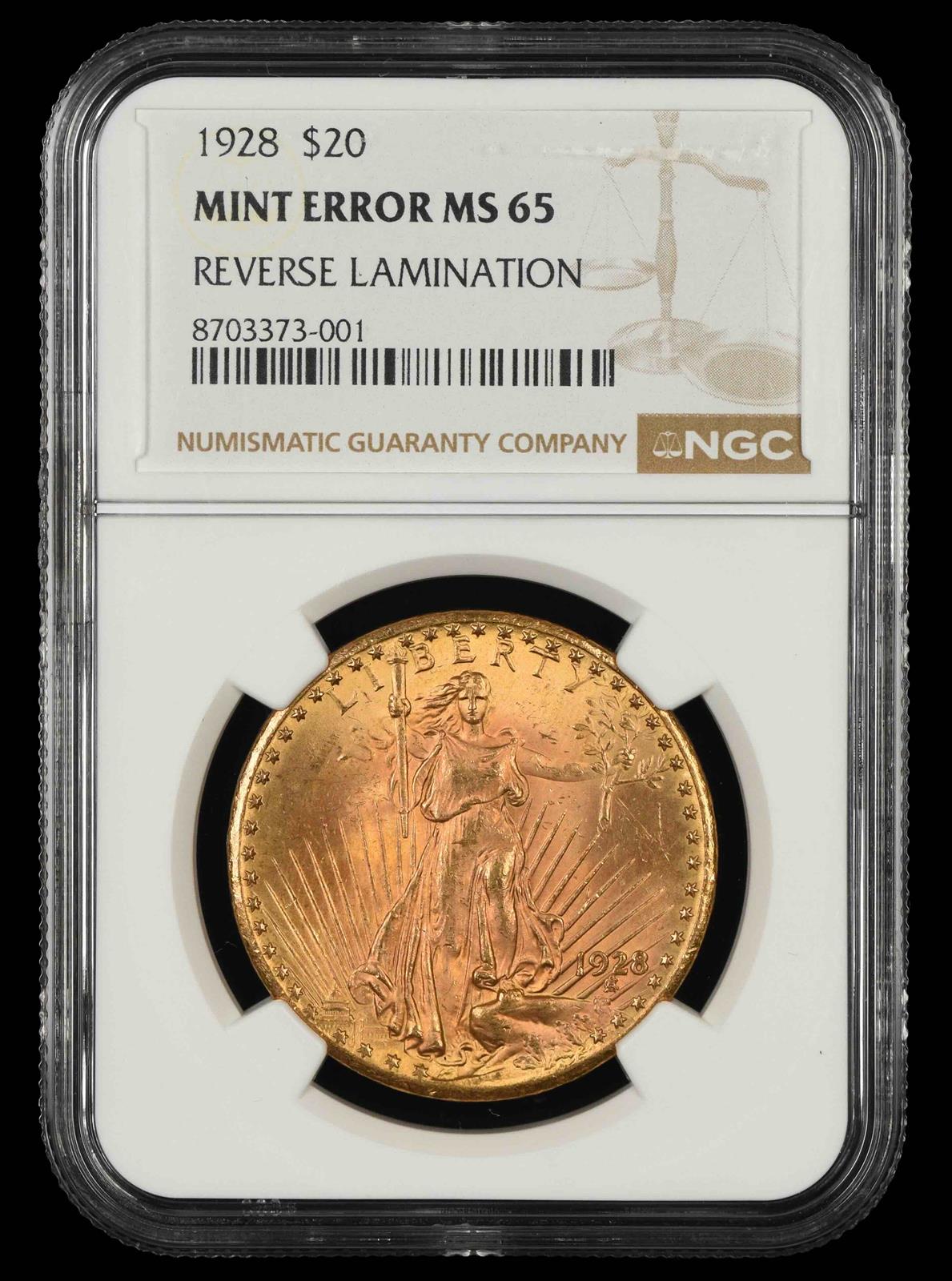 1928 $20 Gold Mint Error Reverse Lamination NGC MS 65