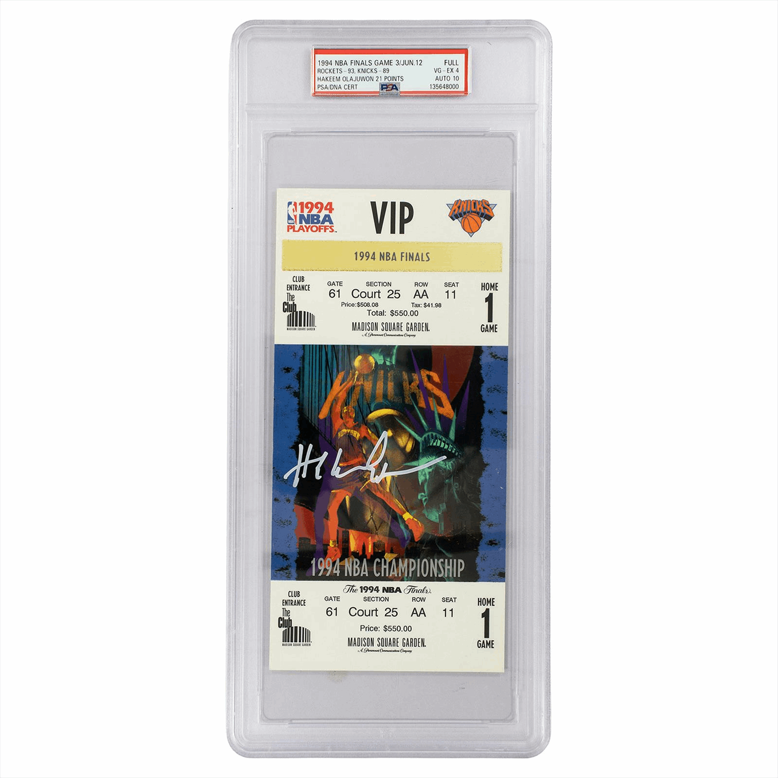 1994 NBA Finals Game 3 HOU-93 NYK-89 Hakeem Olajuwon 21 Points Full PSA VG-EX 4 Cert #135648000