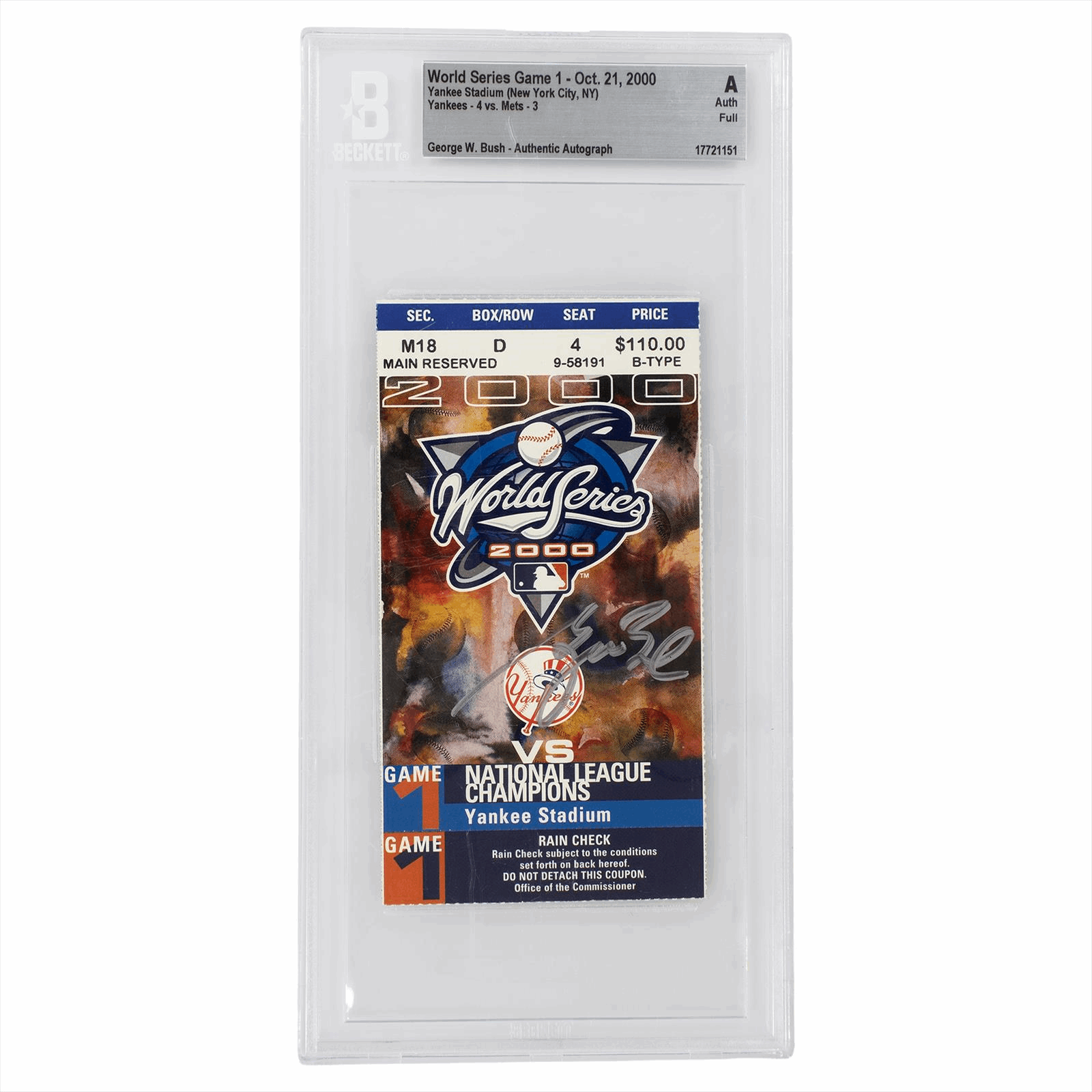 2000 WS Game 1 NYY - 4 VS. NYM - 3 George W Bush Signed Beckett Authentic Auto. 