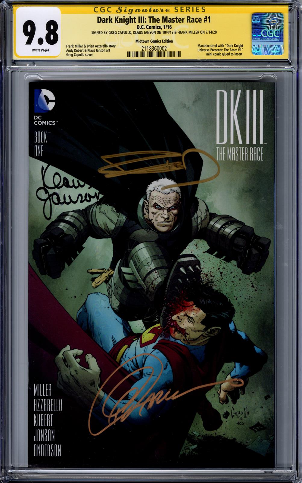Dark Knight III: The Master Race #1 CGC Signature Series 9.8 (D.C., 2016) Signed by Greg Capullo, Klaus Janson, & Frank Miller 