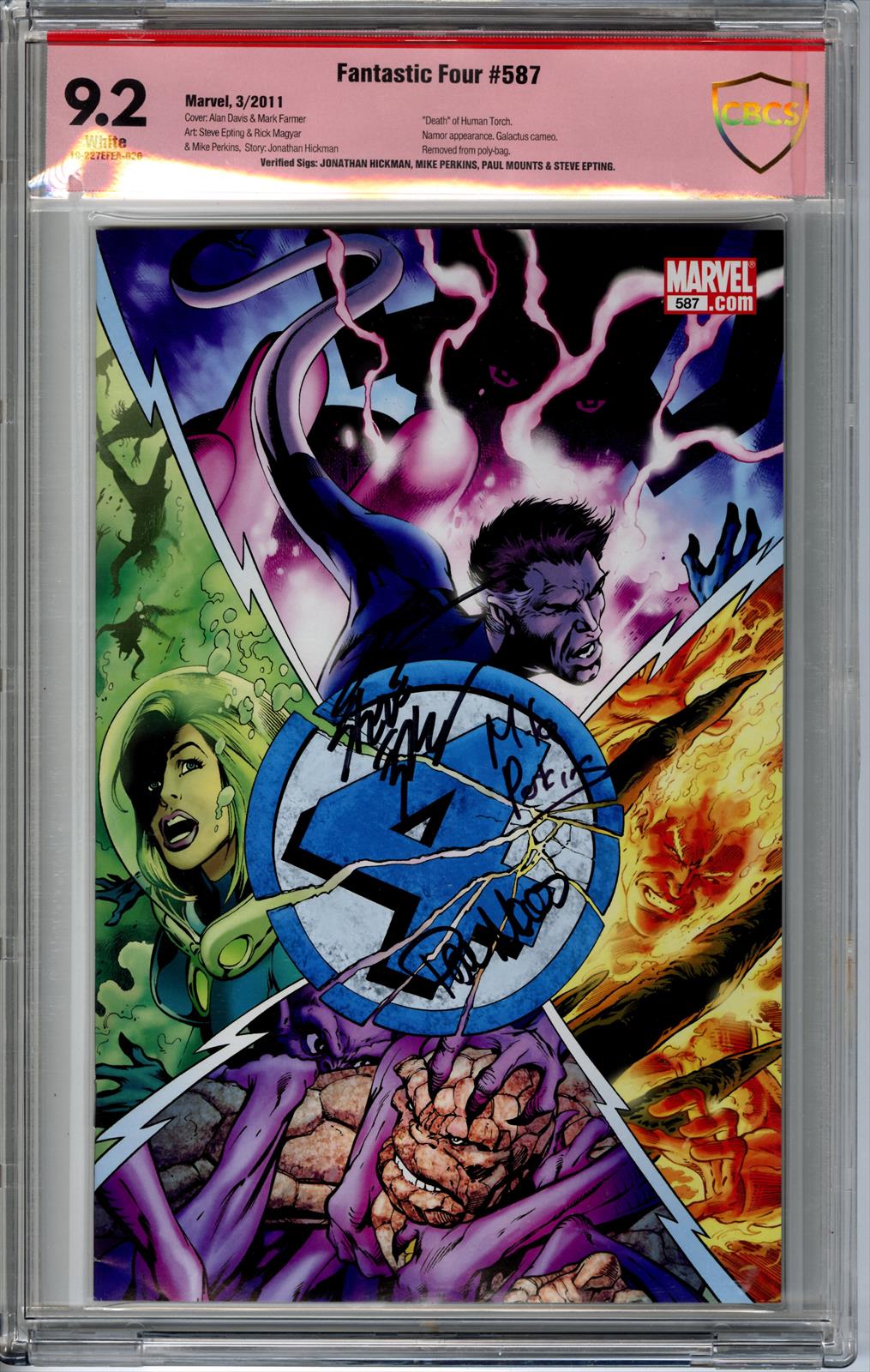Fantastic Four #587 CBCS 9.2 Signed by Jonathan Hickman, Mike Perkins, Paul Mounts, & Steve Epting 