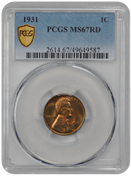 1931 1C Lincoln Cent - Type 1 Wheat Reverse PCGS RD #3413 MS67