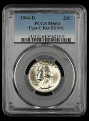 1964 D Washington Quarter PCGS MS64 Type C Reverse FS-901 MS64