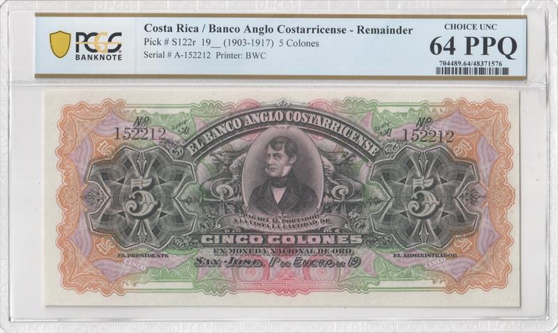 Pick # S122r 19__ (1903-1917) 5 Colones Remainder Banco Anglo Costarricense BWC PCGS 64 PPQ 