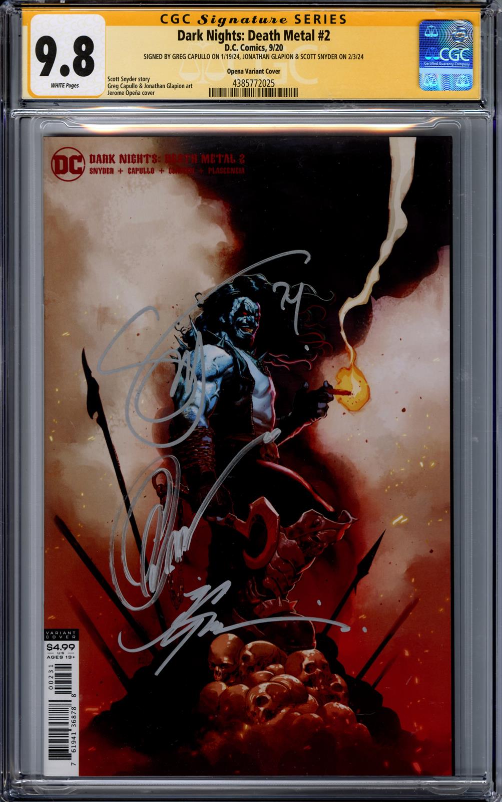 Dark Knights: Death Metal #2 CGC Signature Series 9.8 (D.C., 2020) Signed by Greg Capullo,Jonathan Glapion, & Scott Snyder 