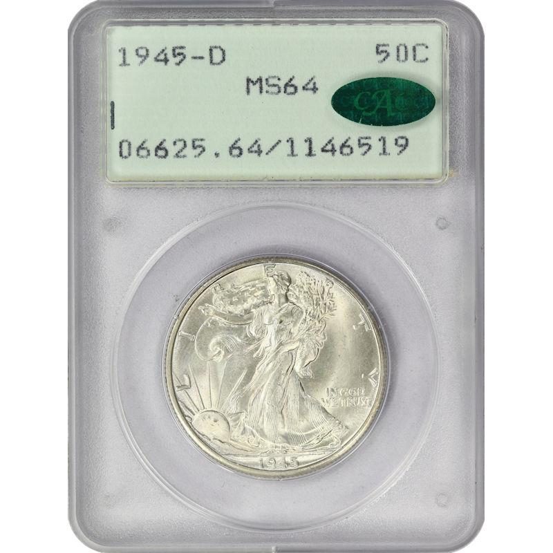 1945-D WALKING LIBERTY Half Dollar PCGS  MS64 CAC Certified - Old Green Rattler