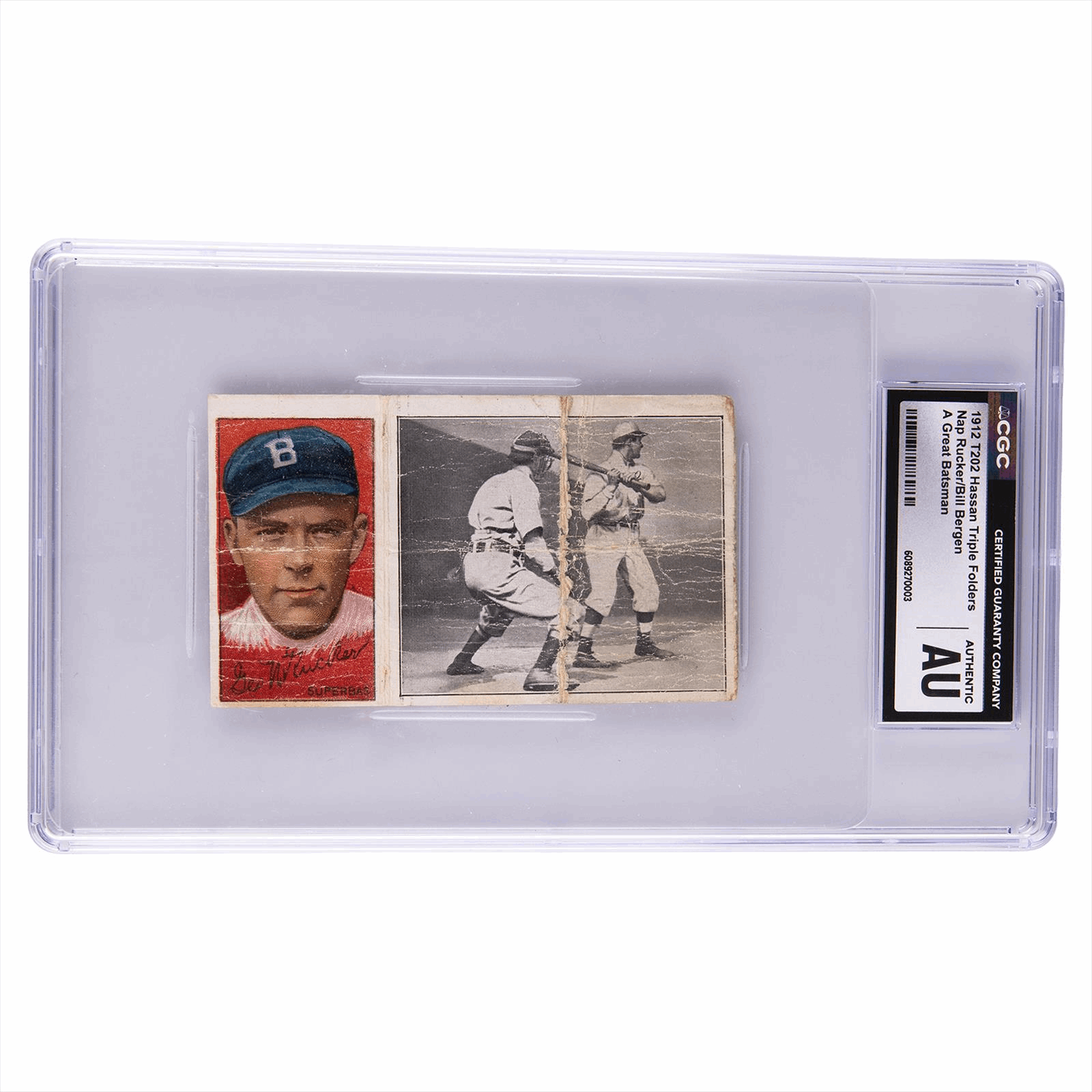 1912 T202 Hassan Triple Folders Nap Rucker/Bill Bergen A Great Batsman CGC AUTHENTIC