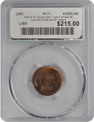 1957-D 1C Lincoln Cent - Type 1 Wheat Reverse PCGS BN #3439-1 MS65