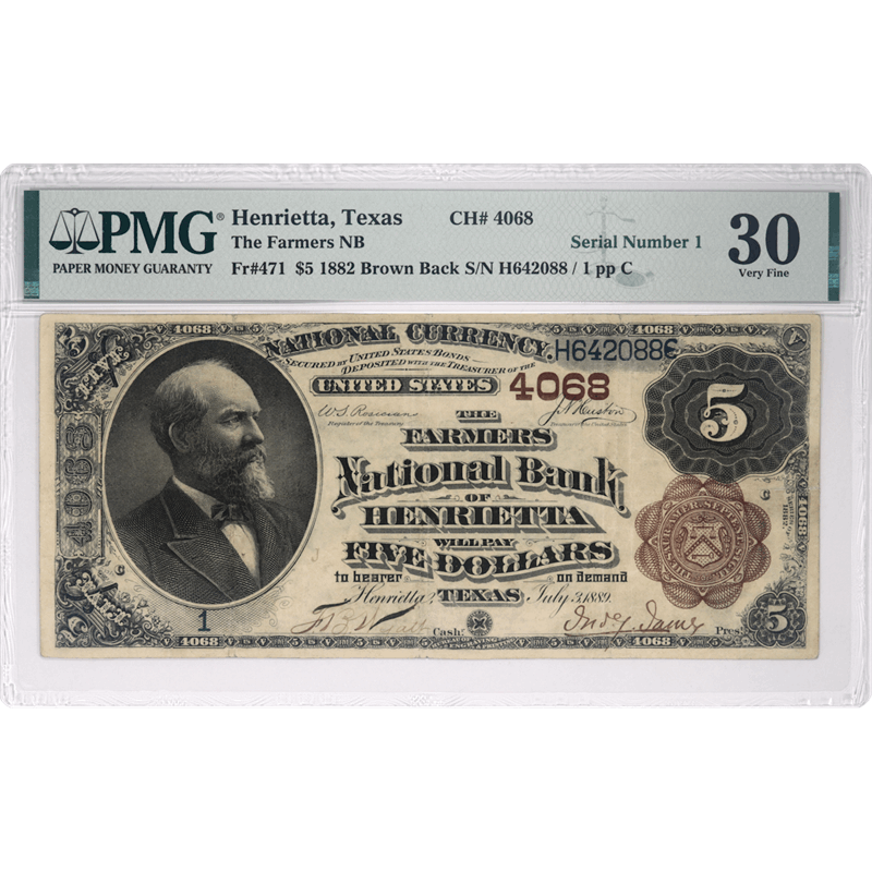 1882 $5 Brown Back Farmers NB of Henrietta TX FR#471 PMG VF 30 SN H642088