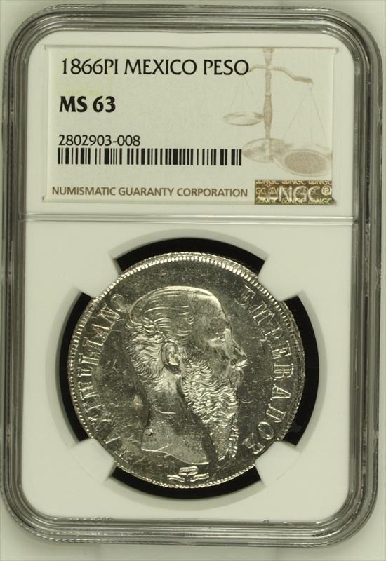1866 PI Mexico Maximilian Peso NGC MS 63 Top Pop