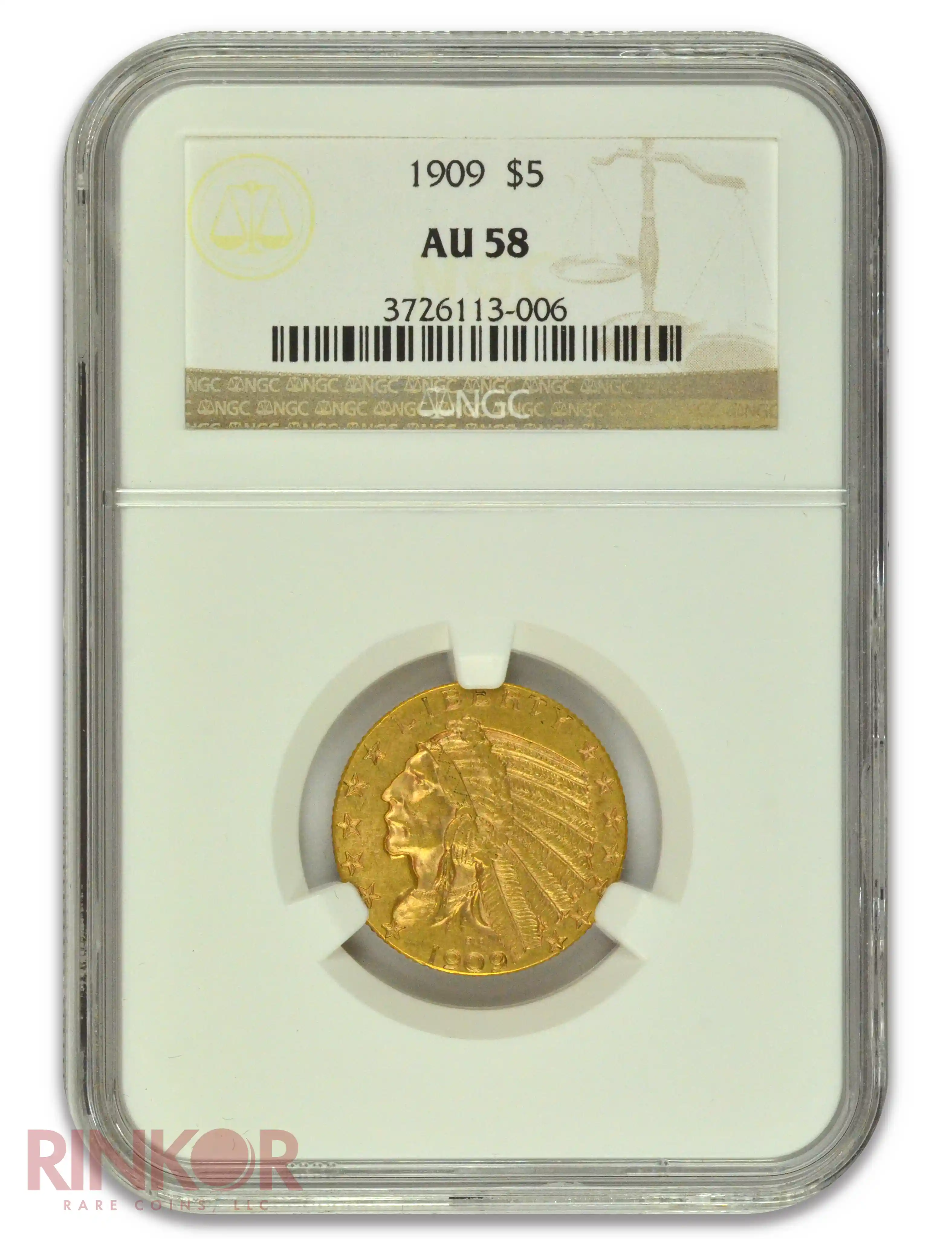 1909 $5 Indian Head NGC AU-58