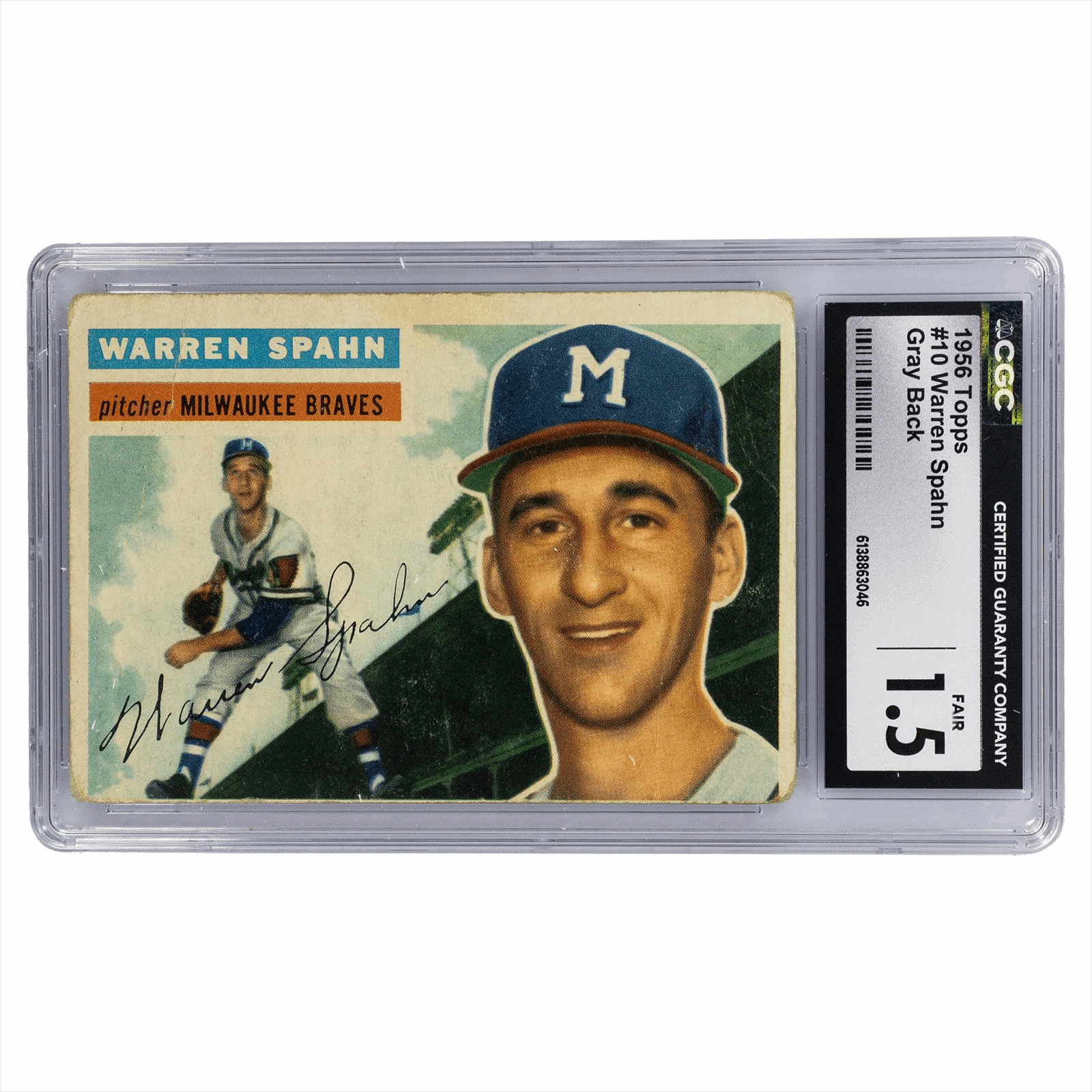 1956 Topps Warren Spahn Gray Back #10 CGC FR 1.5
