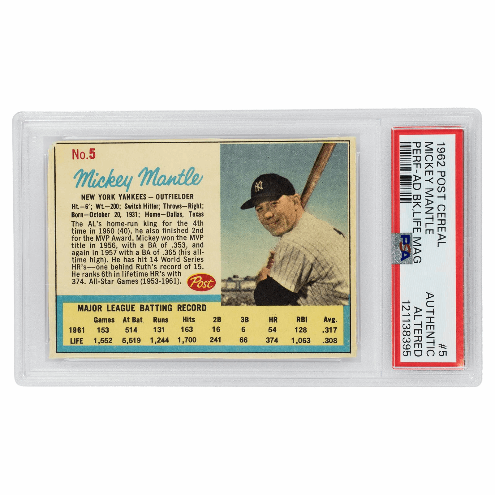 1962 Post Cereal Mickey Mantle Perf-AD BK Life Mag #5 PSA Authentic Altered Cert #121138395