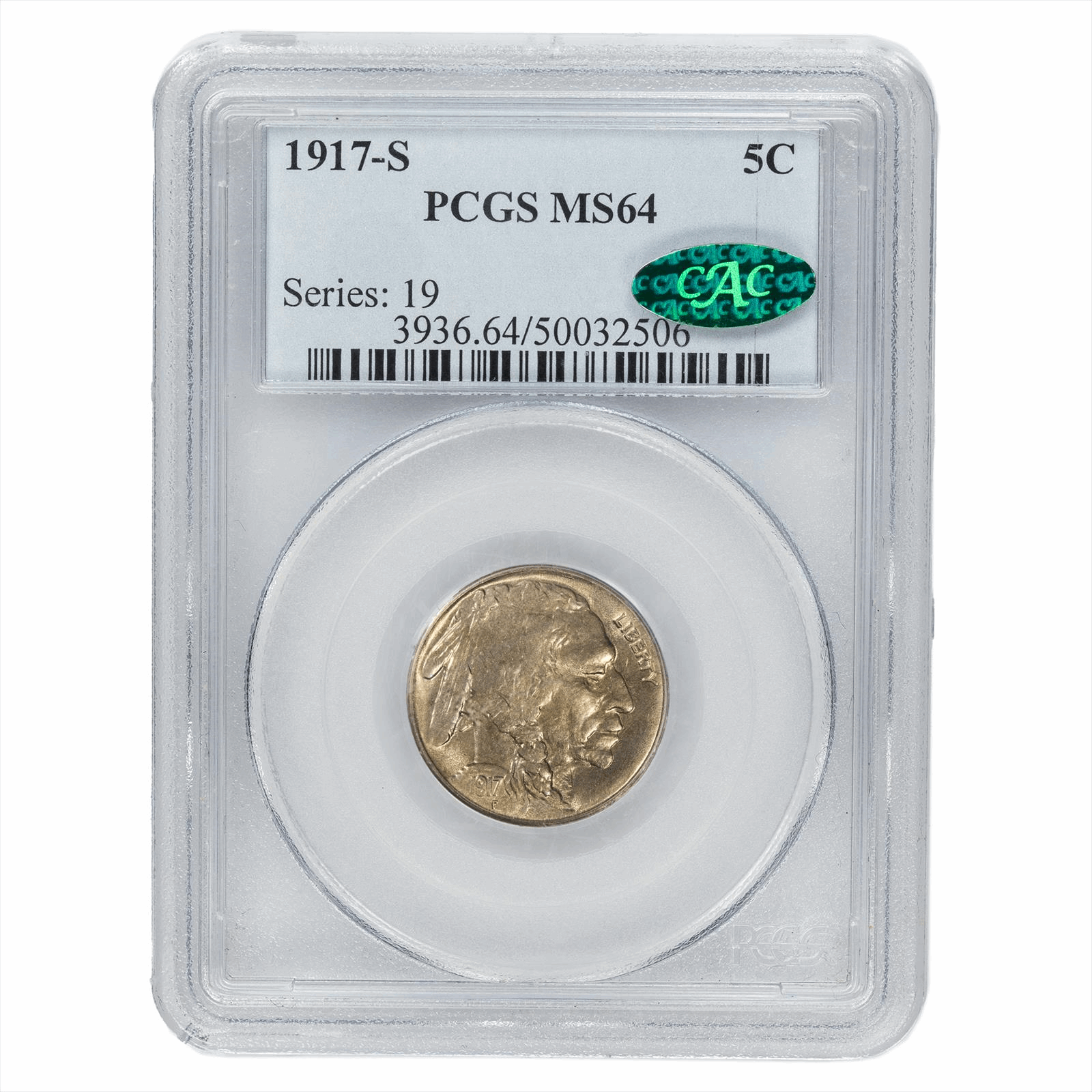 1917-S Buffalo Nickel 5c, PCGS MS64 CAC -  Semi Key Date