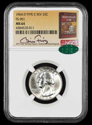 1964 D Washington Quarter Type C Reverse FS-901 NGC MS64 CAC Bill Fivaz Signature Label MS64