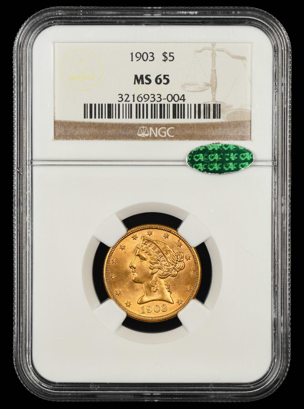 1903 $5 Gold NGC  MS65 CAC