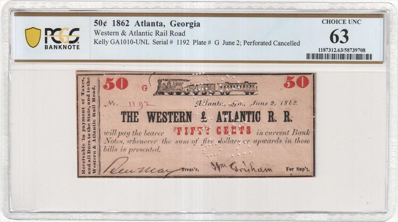 50 Cents 1862 Atlanta, Georgia Kelly GA1010-UNL PCGS 63 