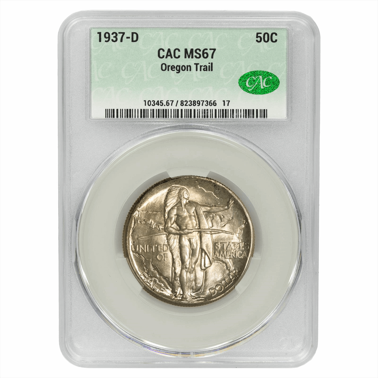 1937-D Oregon Trail Commemorative Half Dollar CACG MS 67 CAC