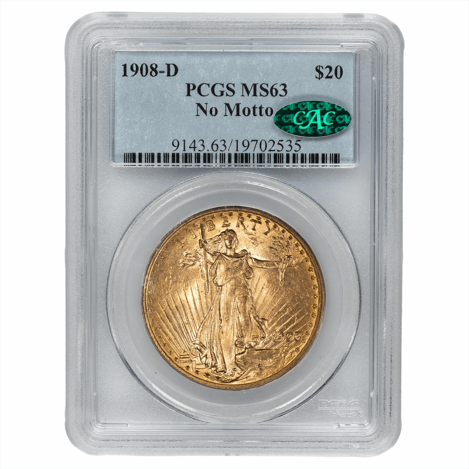 1908-D St. Gaudens Gold Double Eagle $20 No Motto PCGS MS 63 CAC