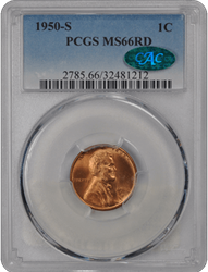 1950-S 1C Lincoln Cent - Type 1 Wheat Reverse PCGS RD (CAC) #3616-3 MS66