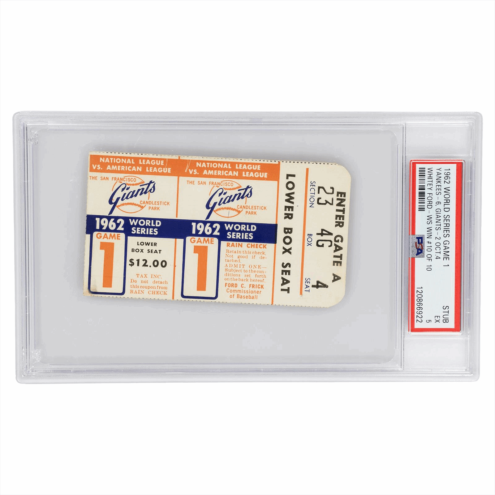 1962 World Series GM-1 NYY-6 SFG-2 Whitey Ford-WS Win #10 of 10 Stub PSA EX 5