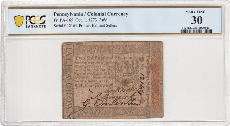 Fr. PA-165 Oct. 1, 1773 2s6d Colonial Currency Hall and Sellers PCGS VF30 