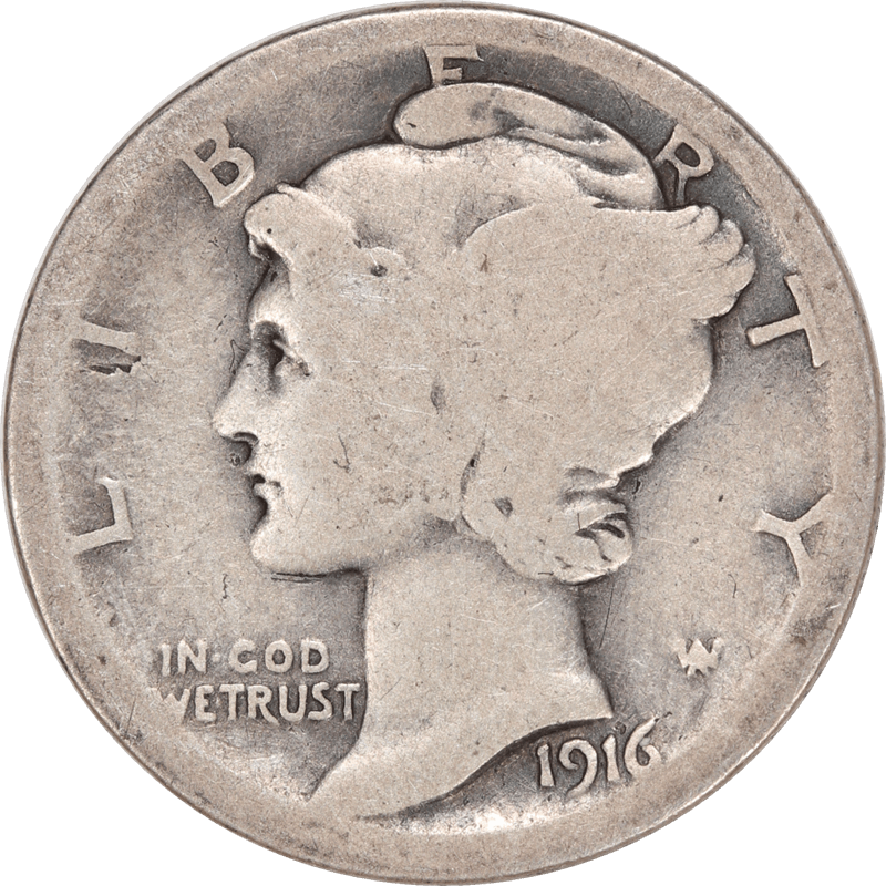 1916-S Mercury Dime 10c,  Circulated Almost Good