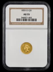 1855 O $1 Gold NGC AU-55