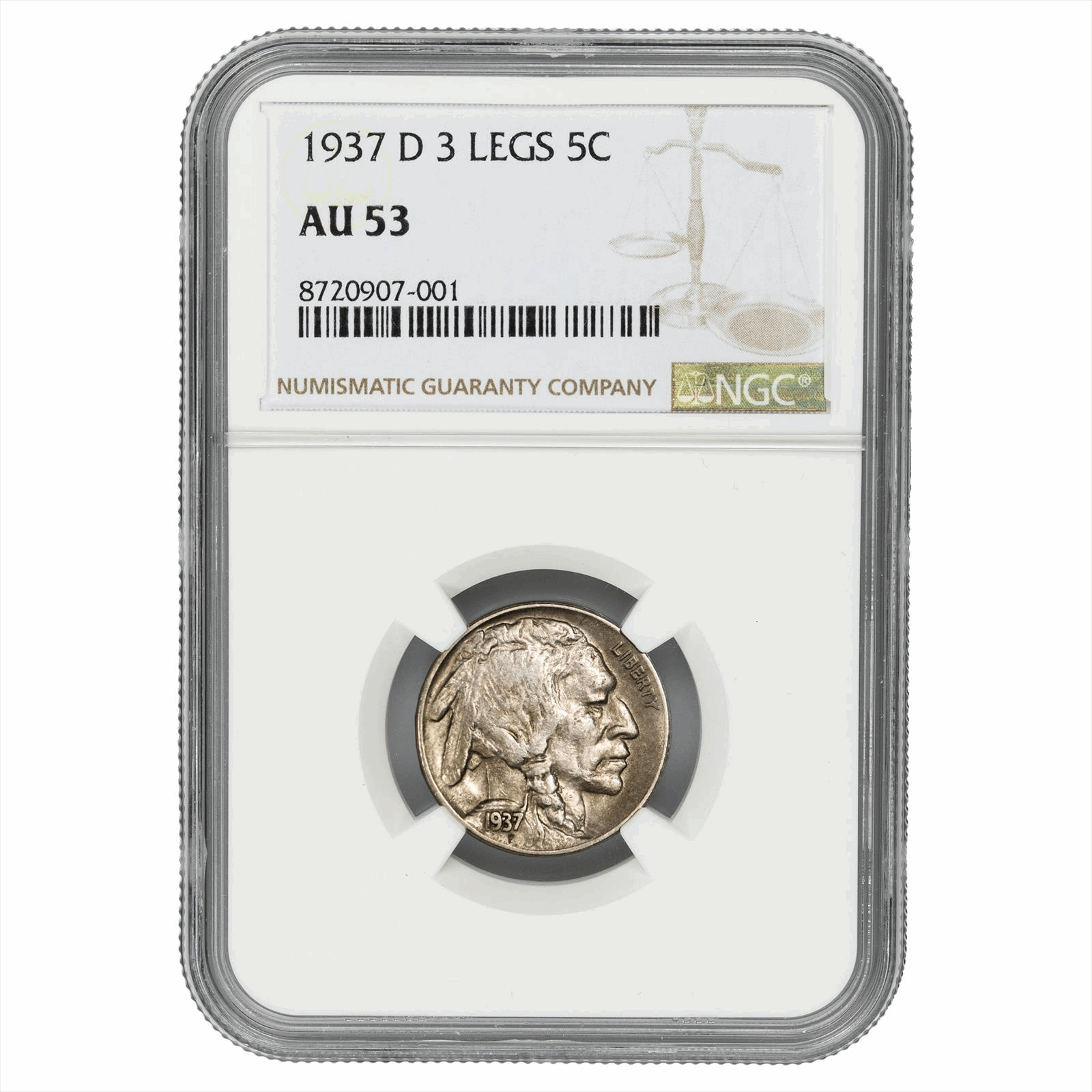 1937-D 3 Legs Buffalo Nickel 5C NGC AU 53