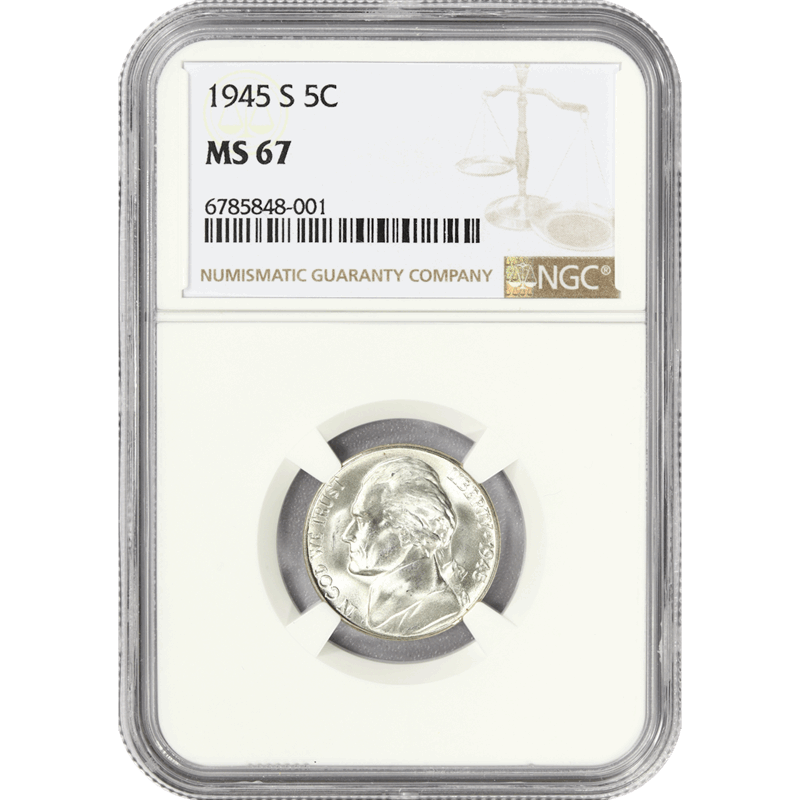 1945 S Jefferson Nickel5c, NGC MS 67 - Frosty 