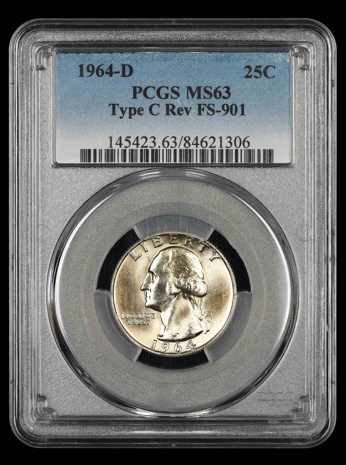 1964 D Washington Quarter PCGS MS63 Type C Reverse FS-901 MS63