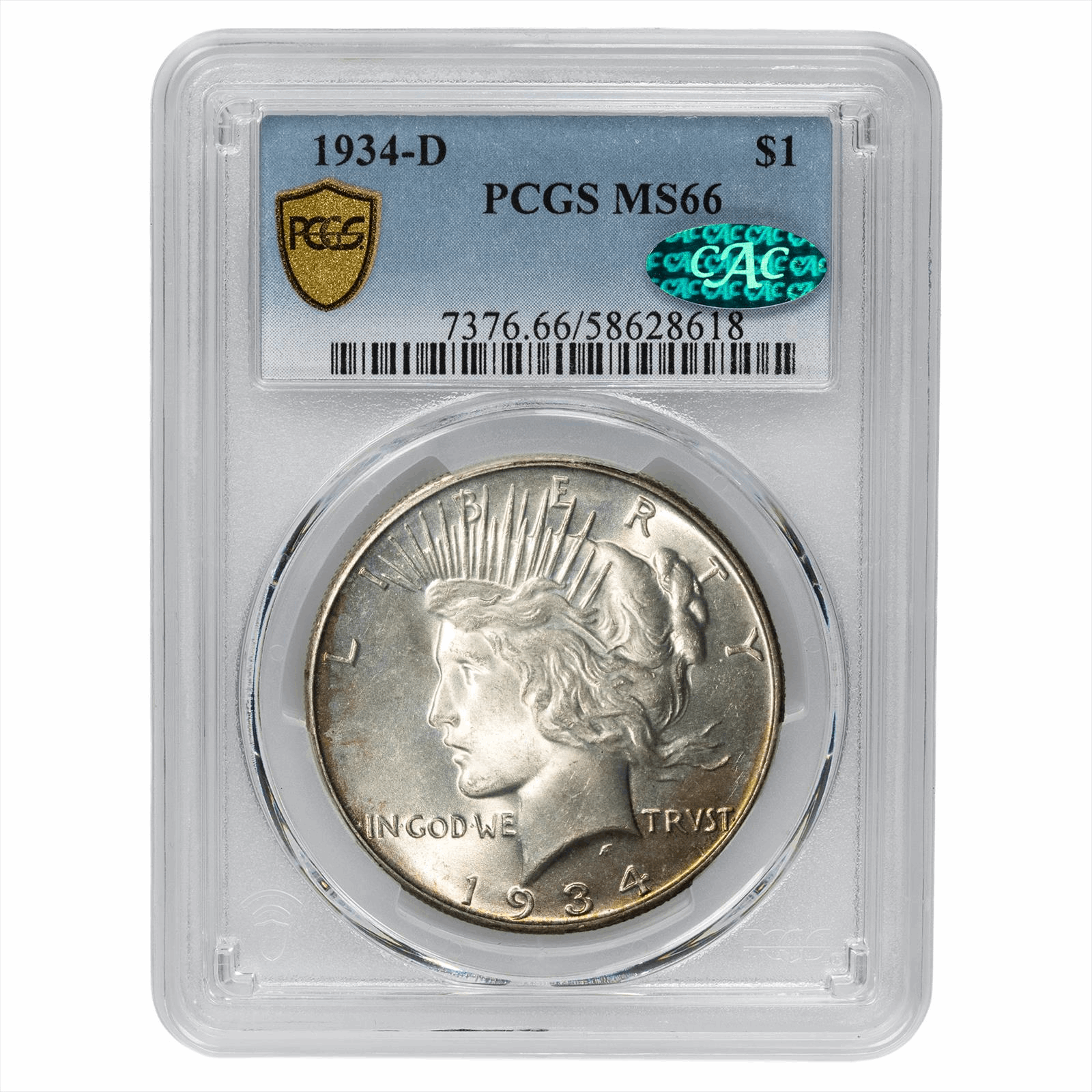 1934-D Peace Silver Dollar $1, PCGS MS 66 CAC - Nice Toning, Last Year of Issue