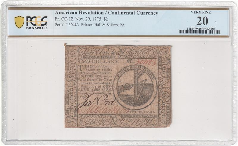 Fr. CC-12 American Revolution/ Continental Currency 1775 $2 PCGS VF20