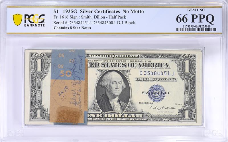 Fr. 1616 1935G $1 Half Pack Silver Certs No Motto w/ 8 Stars PCGS 66 PPQ 