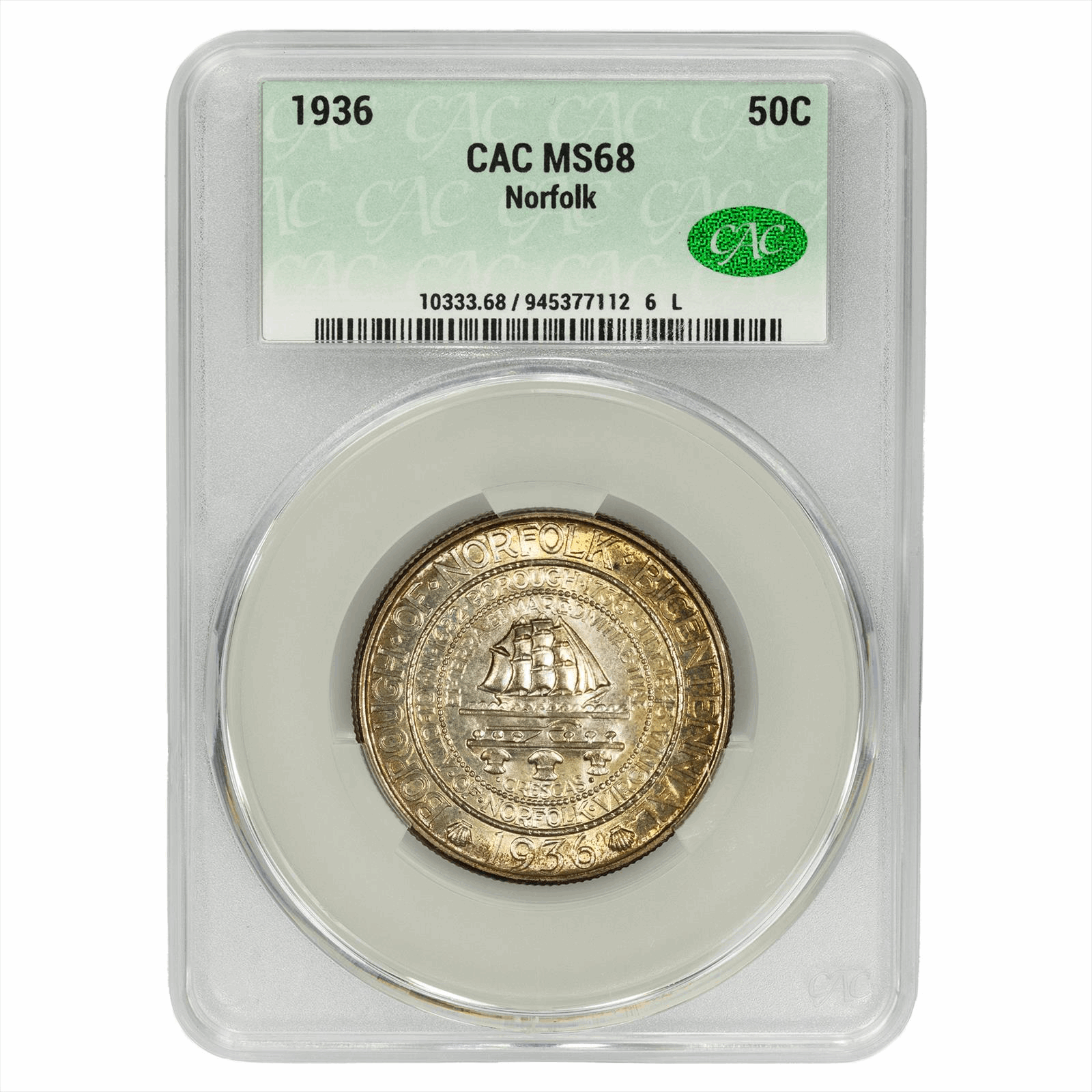 1936 Delaware Norfolk Half Dollar 50C CACG MS 68 CAC