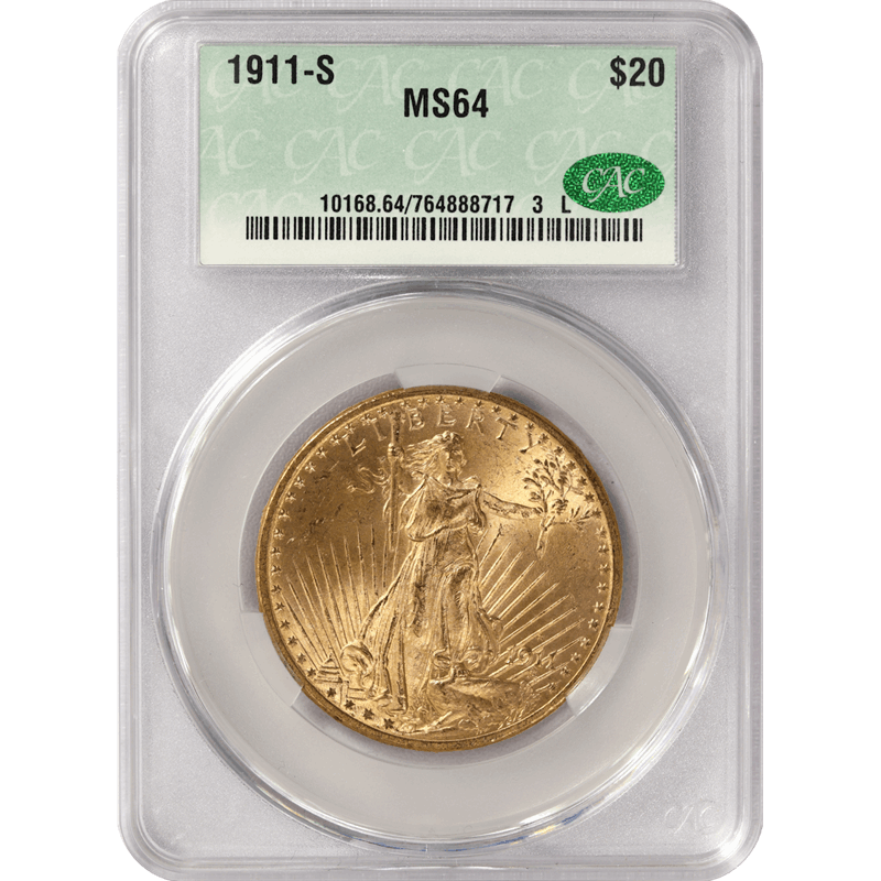 1911-S Saint St. Gaudens $20 Gold Double Eagle, CACG MS-64 - Lustrous, PQ+
