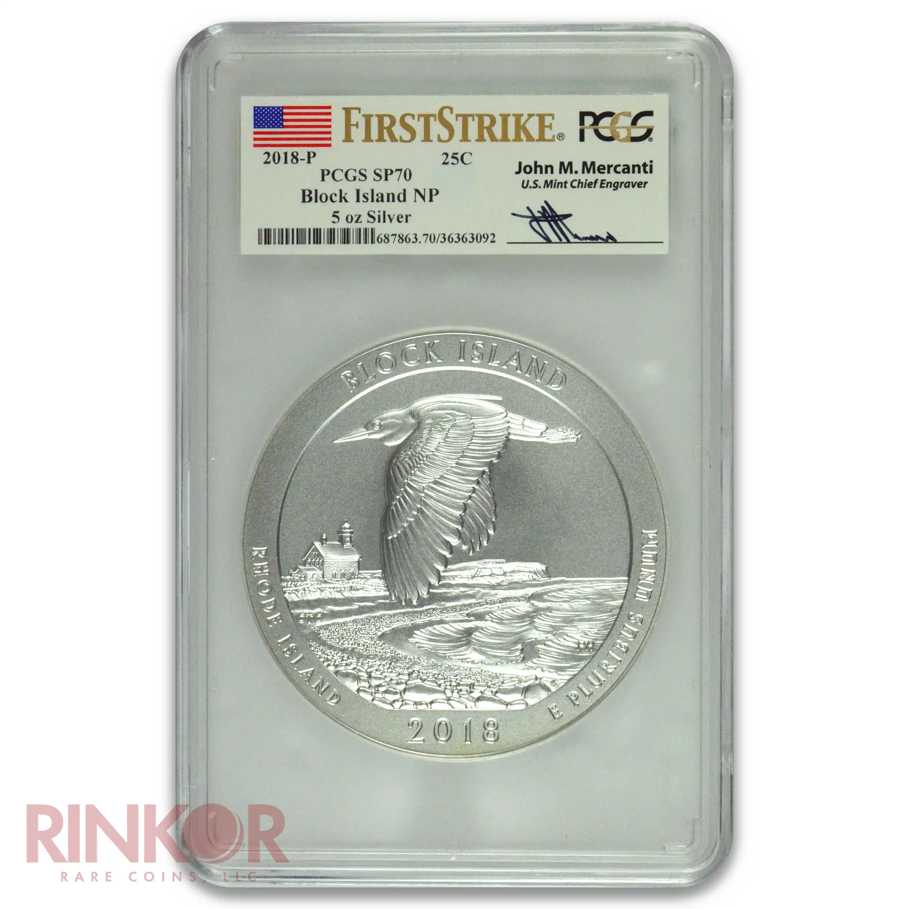 2018-P 5oz America the Beautiful Block Island First Strike Mercanti PCGS SP 70